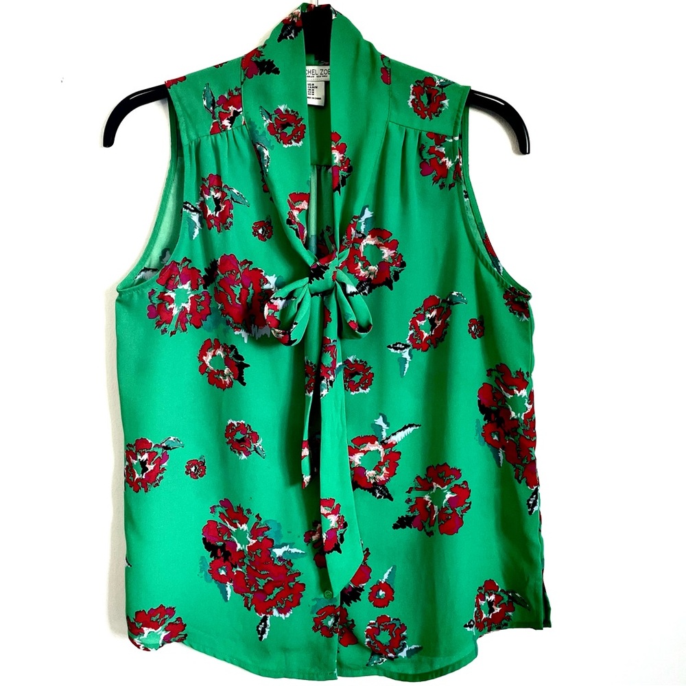 Rachel Zoe Sleeveless Self Tie Green Floral Blouse Size M EUC